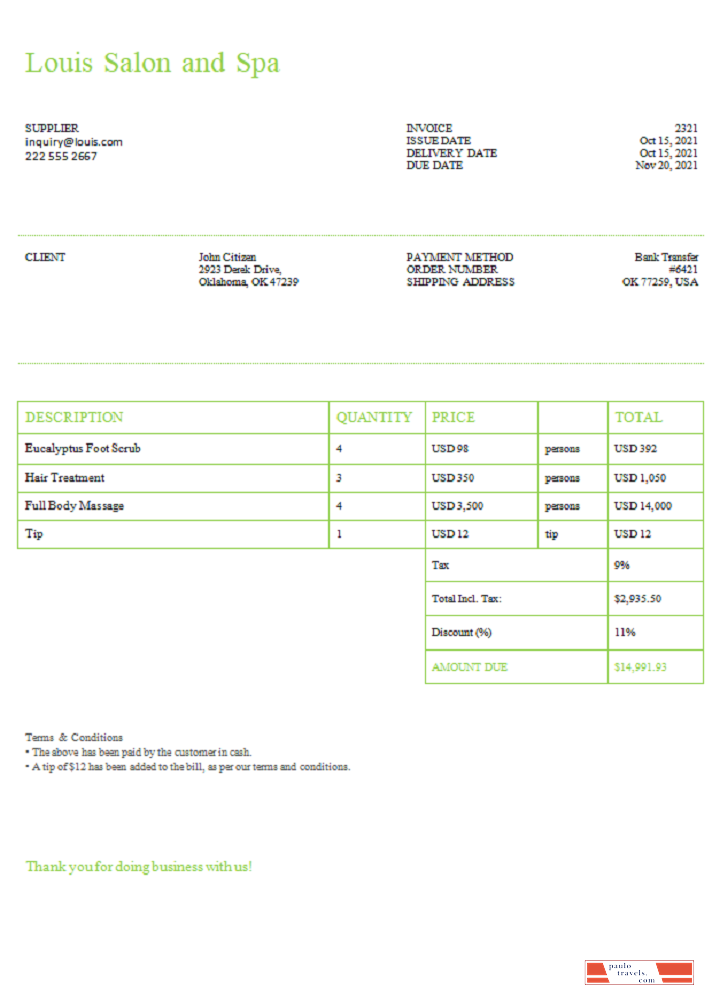 USA Louis Salon and Spa invoice PSD template